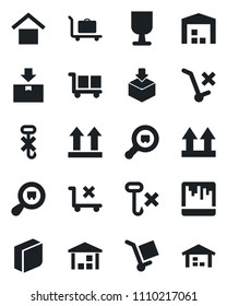 Set of vector isolated black icon - baggage trolley vector, fragile, cargo, warehouse storage, up side sign, no, hook, package, search, scanner, blank box