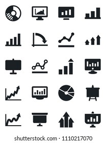 Set of vector isolated black icon - growth statistic vector, presentation board, crisis graph, monitor, circle chart, statistics, bar, pie, point, arrow up