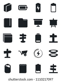 Set of vector isolated black icon - notepad vector, presentation board, wheelbarrow, signpost, battery, low, folder, charge, blank box, plates, guidepost