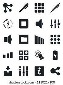 Set of vector isolated black icon - package vector, sorting, settings, touch screen, stop button, menu, folder, charge, application, pen, sound, information, social media