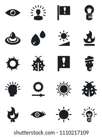 Set of vector isolated black icon - sun vector, bulb, lady bug, fire, eye, important flag, brightness, water, energy saving, shining head, idea