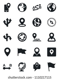 Set of vector isolated black icon - globe vector, route, navigation, earth, pin, mobile tracking, network, place tag, compass, flag