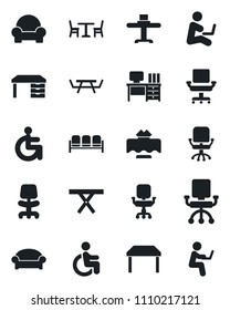 Set of vector isolated black icon - cafe vector, waiting area, office chair, desk, picnic table, disabled, cushioned furniture, restaurant, man with notebook