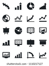 Set of vector isolated black icon - growth statistic vector, presentation board, crisis graph, circle chart, monitor pulse, statistics, bar, pie, point