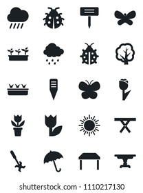 Set of vector isolated black icon - umbrella vector, sun, flower in pot, tree, butterfly, lady bug, seedling, rain, plant label, picnic table, ripper, tulip