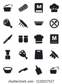 Set of vector isolated black icon - cook vector, cafe, hat, menu, bacon, salt and pepper, ham, bowl, rolling pin, cutting board, knife, steaming pan