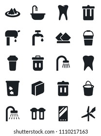 Set of vector isolated black icon - trash bin vector, shower, bucket, tooth, mobile, blank box, water supply, bathroom, serviette, filter, windmill