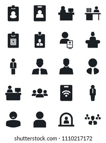 Set of vector isolated black icon - reception vector, manager, identity card, place, patient, user, desk, estate agent, pass, group
