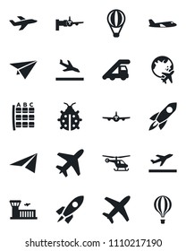 Set of vector isolated black icon - plane vector, departure, arrival, ladder car, boarding, helicopter, seat map, globe, airport building, lady bug, rocket, paper, air balloon