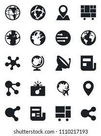 Set of vector isolated black icon - satellite antenna vector, bomb in case, globe, plane, earth, pin, consolidated cargo, share, network, news, social media