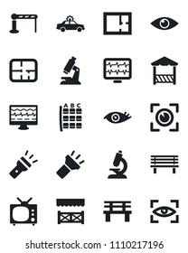 Set of vector isolated black icon - barrier vector, alarm car, seat map, bench, monitor pulse, microscope, eye, torch, plan, tv, alcove, scan