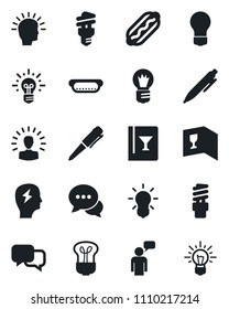 Set of vector isolated black icon - speaking man vector, pen, brainstorm, bulb, dialog, wine card, hot dog, energy saving, shining head, idea