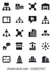 Set of vector isolated black icon - hierarchy vector, well, molecule, hospital, office building, garage, plan, home message