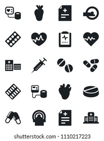 Set of vector isolated black icon - heart pulse vector, diagnosis, syringe, blood pressure, pills, blister, tomography, real, clipboard, hospital