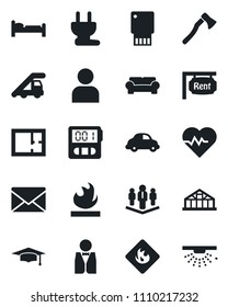 Set of vector isolated black icon - bed vector, ladder car, mail, graduate, axe, greenhouse, heart pulse, delivery, flammable, user, stopwatch, company, plan, rent, cushioned furniture, waiter