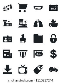 Set of vector isolated black icon - lock vector, airport building, identity card, dollar sign, pennant, lungs, route, tv, rca, folder, download, news, stamp, sale, sold signboard, salad, hot dog