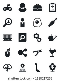 Set of vector isolated black icon - document search vector, mouse, ripper, watering can, pruner, pulse clipboard, railroad, support, gamepad, jack connector, sun panel, waiter, cocktail, ladle, gear