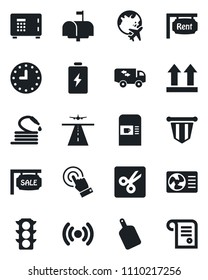 Set of vector isolated black icon - runway vector, coffee machine, safe, plane globe, pennant, hose, traffic light, clock, up side sign, touch screen, cut, sale, rent, moving, mailbox, cutting board