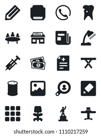 Set of vector isolated black icon - office chair vector, pedestal, meeting, pencil, picnic table, diagnosis, syringe, caries, store, cash, oil barrel, news, hdmi, menu, gallery, notes, desk lamp