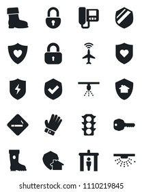 Set of vector isolated black icon - plane radar vector, security gate, smoking place, glove, boot, heart shield, traffic light, protect, lock, key, intercome, home, sprinkler
