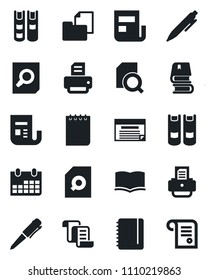 Set of vector isolated black icon - contract vector, book, document search, pen, notepad, calendar, printer, folder, news, schedule