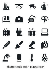 Set of vector isolated black icon - trowel vector, ripper, wheelbarrow, hose, garden sprayer, doctor case, blood test vial, thermometer, camera, microphone, radio phone, low battery, desk lamp