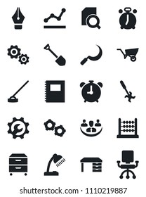 Set of vector isolated black icon - alarm clock vector, gear, desk, job, wheelbarrow, hoe, sickle, ripper, root setup, copybook, company, document search, abacus, ink pen, point graph, lamp