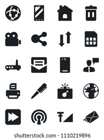 Set of vector isolated black icon - bomb in case vector, mobile phone, speaking man, pen, printer, house, earth, fast forward, back, mail, sim, network, data exchange, video, cellular signal, router