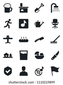 Set of vector isolated black icon - shower vector, office chair, shovel, rake, watering can, garden knife, fireplace, run, shield, user, music, house with tree, restaurant table, drink, beer, salad