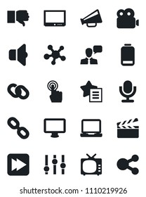 Set of vector isolated black icon - clapboard vector, loudspeaker, tv, settings, microphone, touch screen, speaker, monitor, laptop pc, share, chain, finger down, favorites list, low battery, video