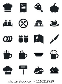 Set of vector isolated black icon - hot cup vector, plant label, pumpkin, diet, cafe, cook hat, wine card, coffee, beer, plates, salt and pepper, building, restaurant receipt, chicken, ham, bowl
