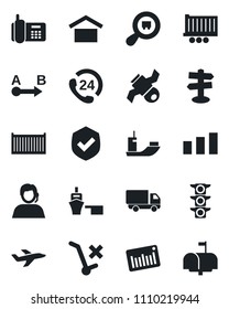 Set of vector isolated black icon - signpost vector, plane, satellite, traffic light, office phone, 24 hours, support, sea shipping, truck trailer, cargo container, car delivery, port, no trolley
