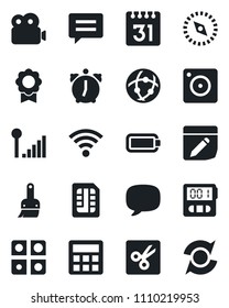 Set of vector isolated black icon - message vector, mobile camera, themes, calculator, alarm, stopwatch, sim, network, calendar, notes, wireless, cut, compass, video, cellular signal, battery