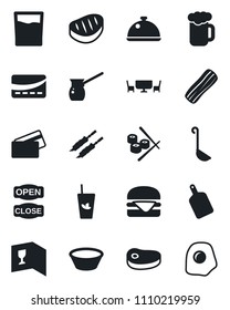 Set of vector isolated black icon - dish vector, wine card, drink, phyto bar, beer, bacon, cafe table, open close, credit, steak, kebab, hamburger, ladle, bowl, cutting board, turkish coffee, sushi