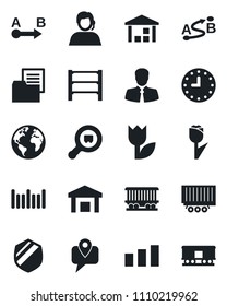 Set of vector isolated black icon - earth vector, railroad, support, client, mobile tracking, truck trailer, clock, folder document, tulip, warehouse, sorting, shield, search cargo, barcode, route