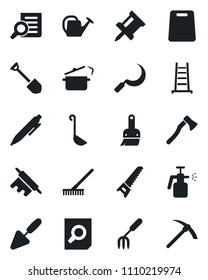 Set of vector isolated black icon - document search vector, pen, job, trowel, garden fork, rake, ladder, watering can, saw, sickle, axe, sprayer, themes, drawing pin, ladle, rolling, cutting board
