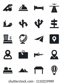 Set of vector isolated black icon - runway vector, suitcase, baggage conveyor, reception bell, globe, bed, ladder car, boarding, airport building, route, navigation, pin, sea shipping, place tag