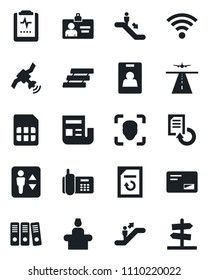 Set of vector isolated black icon - runway vector, elevator, escalator, reception, identity card, document reload, pulse clipboard, office phone, satellite, mail, sim, wireless, face id, news, tray