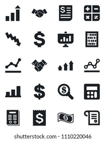 Set of vector isolated black icon - handshake vector, growth statistic, dollar sign, calculator, abacus, crisis graph, receipt, bar, point, contract, arrow up, money search, cash, presentation