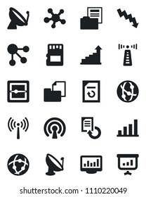 Set of vector isolated black icon - antenna vector, satellite, growth statistic, crisis graph, document reload, folder, network, share, scanner, sd, monitor statistics, bar, wireless, social media