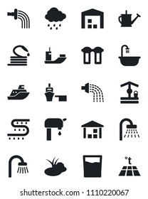 Set of vector isolated black icon - shower vector, watering can, rain, well, hose, pond, drip irrigation, sea shipping, port, warehouse, water supply, bathroom, drink, filter, warm floor