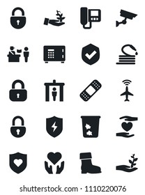 Set of vector isolated black icon - plane radar vector, passport control, security gate, trash bin, safe, lock, boot, hose, patch, heart shield, hand, protect, intercome, surveillance, palm sproute