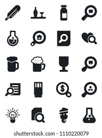 Set of vector isolated black icon - document search vector, thermometer, heart diagnostic, ampoule, fragile, cargo, estate, client, alcohol, drink, beer, energy saving bulb, money, idea, flask