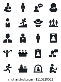 Set of vector isolated black icon - dispatcher vector, reception, manager, pedestal, run, support, client, speaker, identity card, desk, meeting, career ladder, estate agent, waiter, dress code