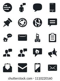 Set of vector isolated black icon - speaking man vector, office phone, loudspeaker, network, cell, speaker, paper pin, mail, message, clipboard, home