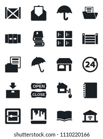 Set of vector isolated black icon - 24 around vector, automatic door, umbrella, shop, checkroom, book, container, package, mail, scanner, copybook, document folder, open close, home control