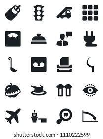Set of vector isolated black icon - plane vector, ladder car, speaking man, sickle, scales, diet, traffic light, sea port, search cargo, rca, menu, record, eye id, paper tray, reception, chicken
