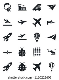 Set of vector isolated black icon - plane vector, departure, arrival, ladder car, boarding, helicopter, seat map, globe, airport building, lady bug, rocket, paper, air balloon