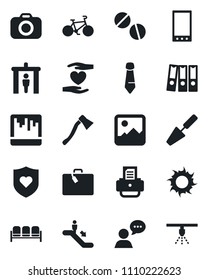 Set of vector isolated black icon - suitcase vector, security gate, escalator, waiting area, tie, printer, trowel, sun, axe, pills, bike, heart shield, hand, camera, speaker, mobile, gallery