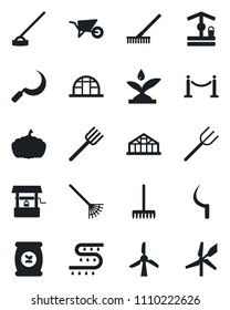 Set of vector isolated black icon - fence vector, farm fork, rake, wheelbarrow, well, hoe, sickle, pumpkin, greenhouse, fertilizer, drip irrigation, windmill